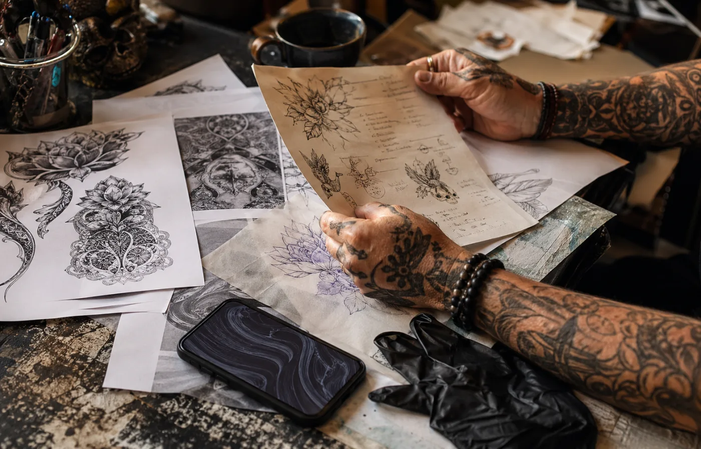 Sketches, notes, and project records spread across a studio desk