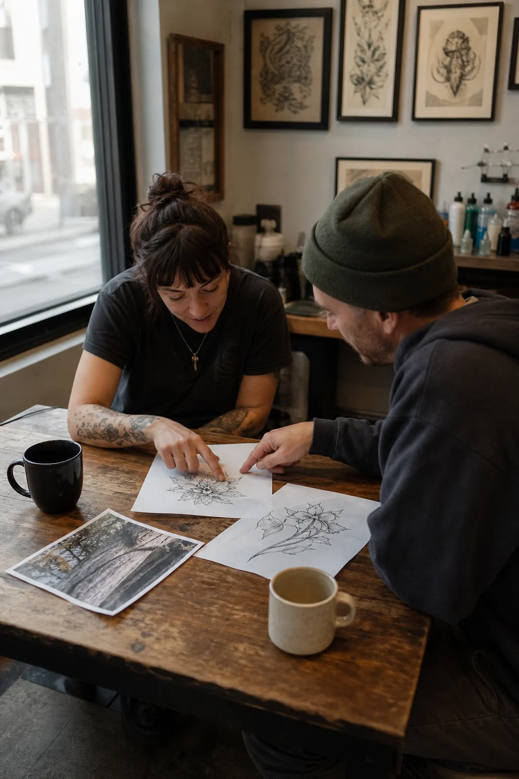 Tattoo artist and client reviewing sketches and references together