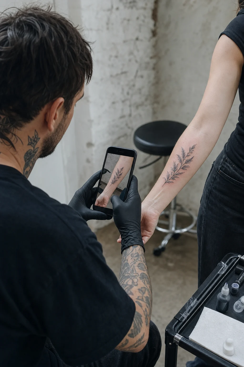 Tattoo artist photographing a newly finished tattoo in the studio