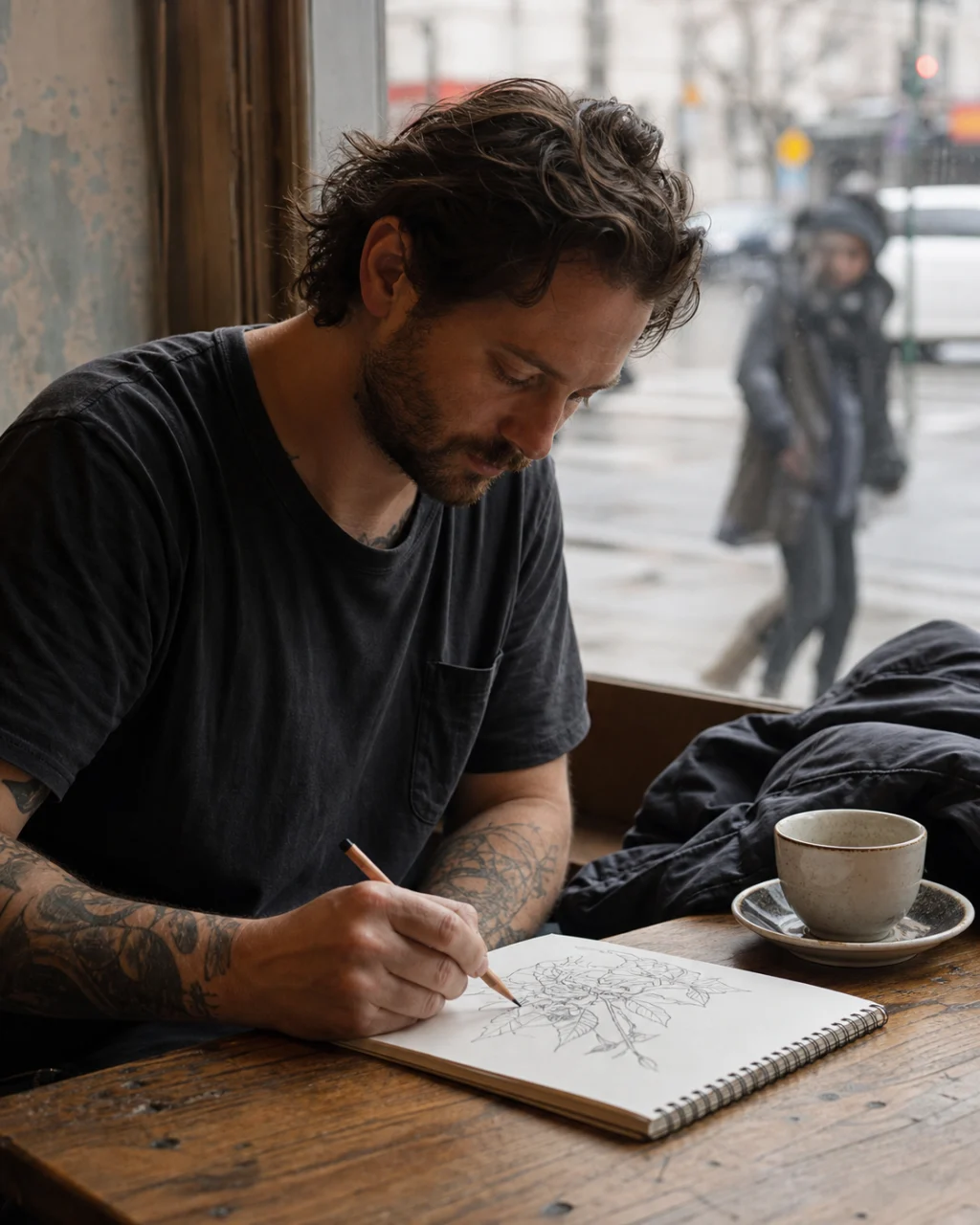 Off-duty tattoo artist sketching at a neighborhood café