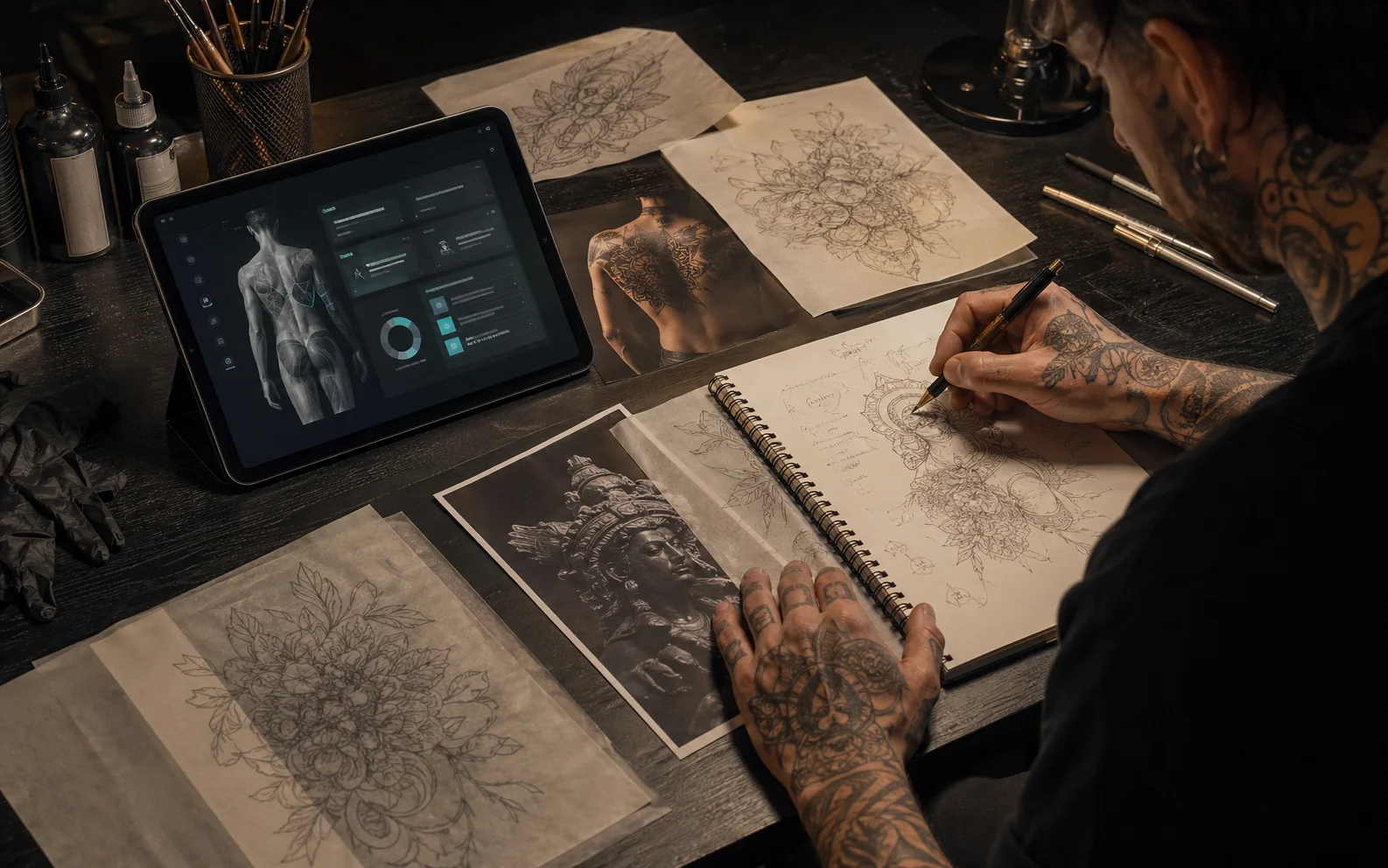 A tattoo artist reviewing the brief assembled by the AI